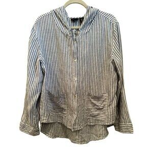 Tahari Linen Striped Hoodie Shirt Roll Tab Sleeves Nautical Beach Vacation Sz M
